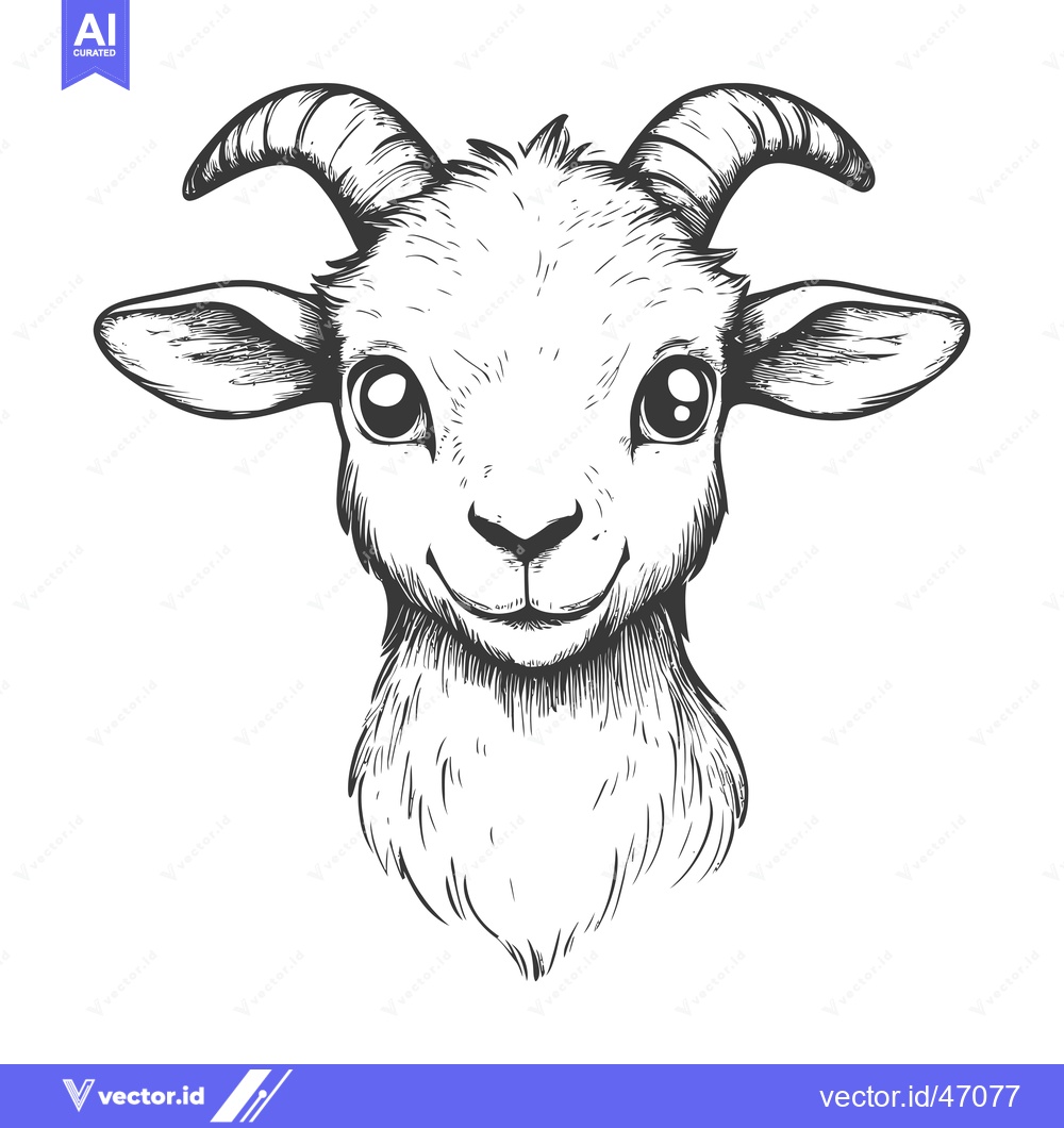 Premium Vector of Hand-Drawn Sketch of a Smiling Baby Goat with Horns and Large Eyes