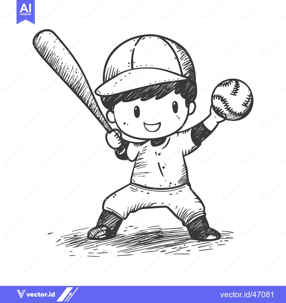 Premium Vector dari Hand-Drawn Sketch of a Smiling Baseball Player Holding a Bat and Ball