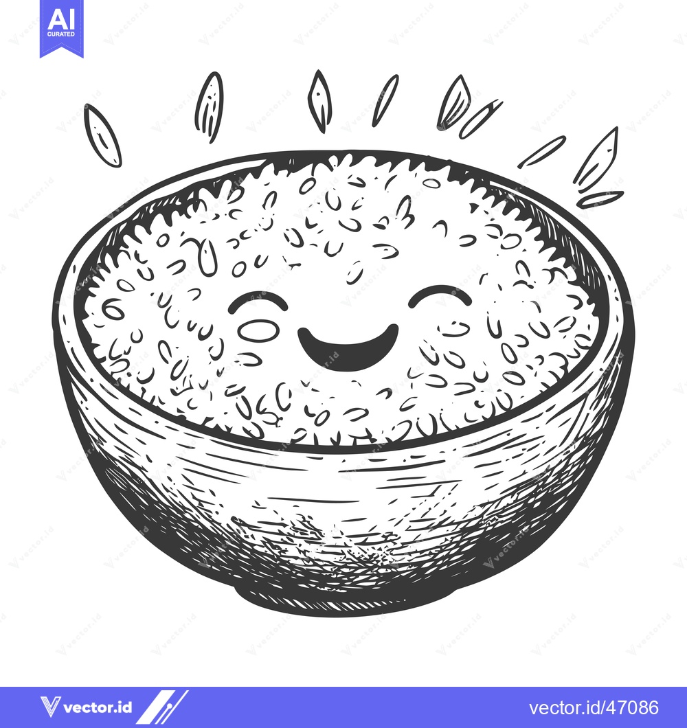 Premium Vector dari Hand-Drawn Sketch of a Smiling Bowl of Rice with Scattered Grains