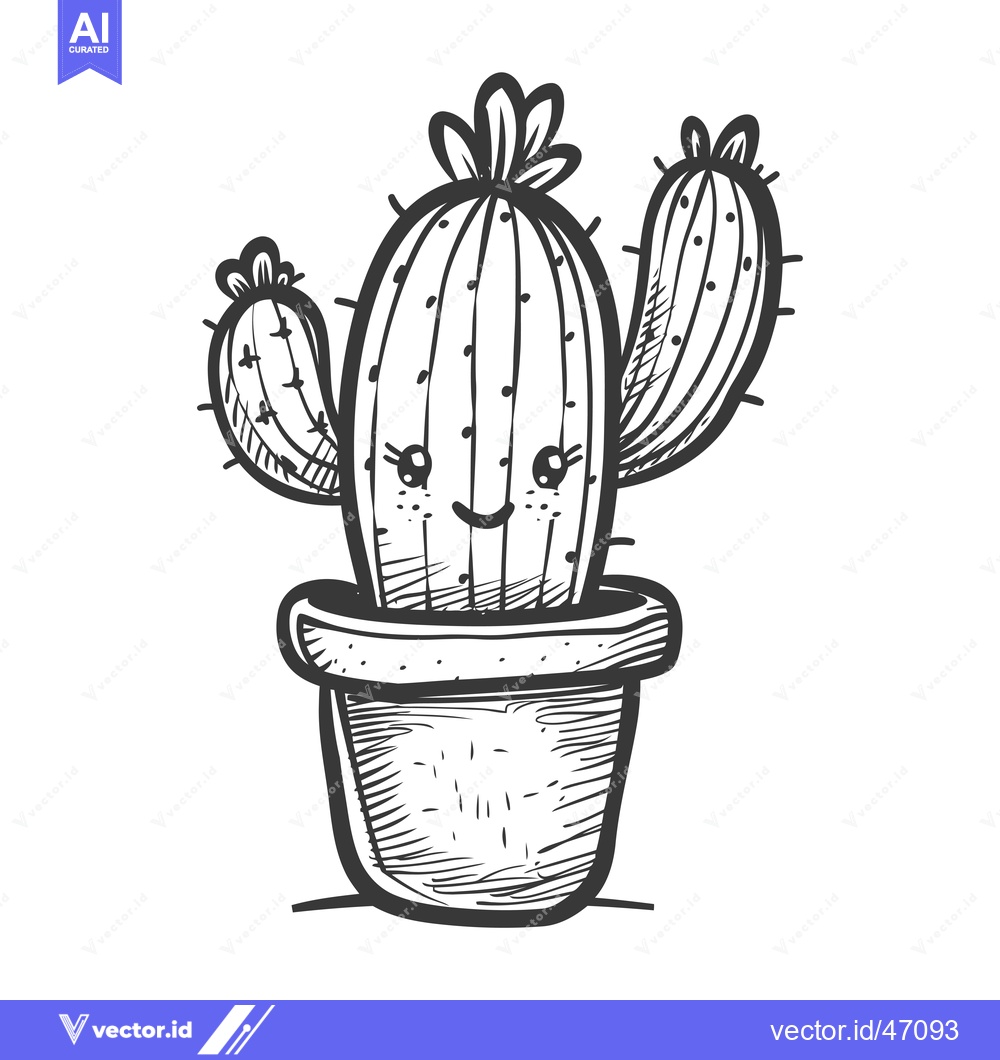Premium Vector dari Hand-Drawn Sketch of a Smiling Cactus in a Pot