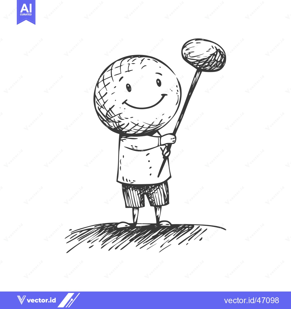 Premium Vector dari Hand-Drawn Sketch of a Smiling Character Holding a Round Object on a S