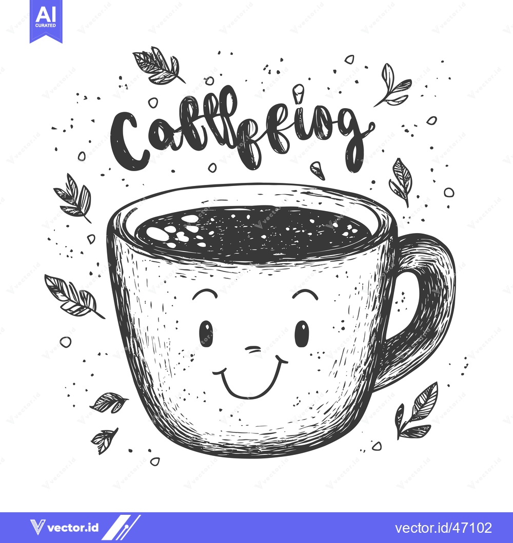 Premium Vector of Hand-drawn Sketch of a Smiling Coffee Cup with Leaves
