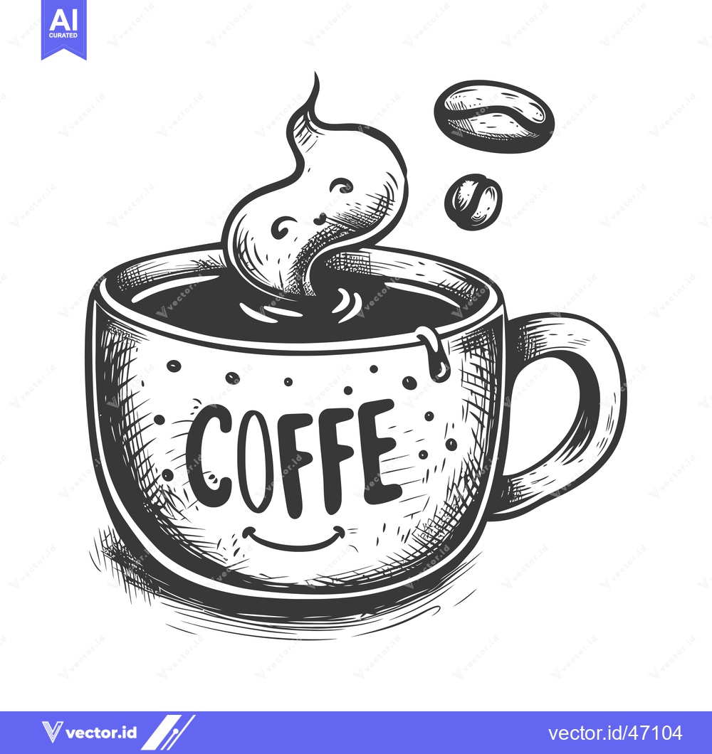 Premium Vector dari Hand-drawn Sketch of a Smiling Coffee Mug with Steam and Coffee Beans