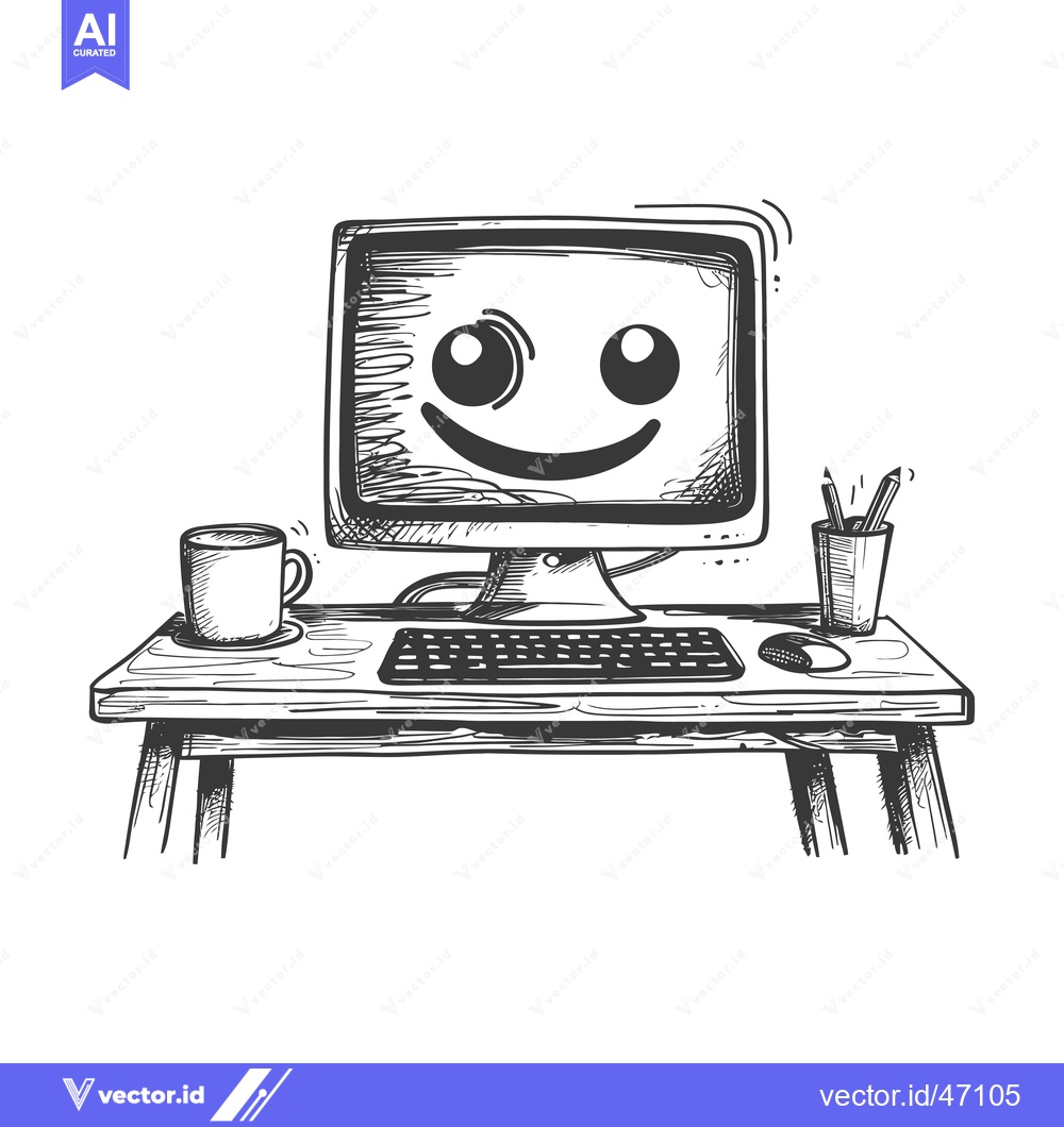 Premium Vector dari Hand-Drawn Sketch of a Smiling Computer on a Desk with Accessories