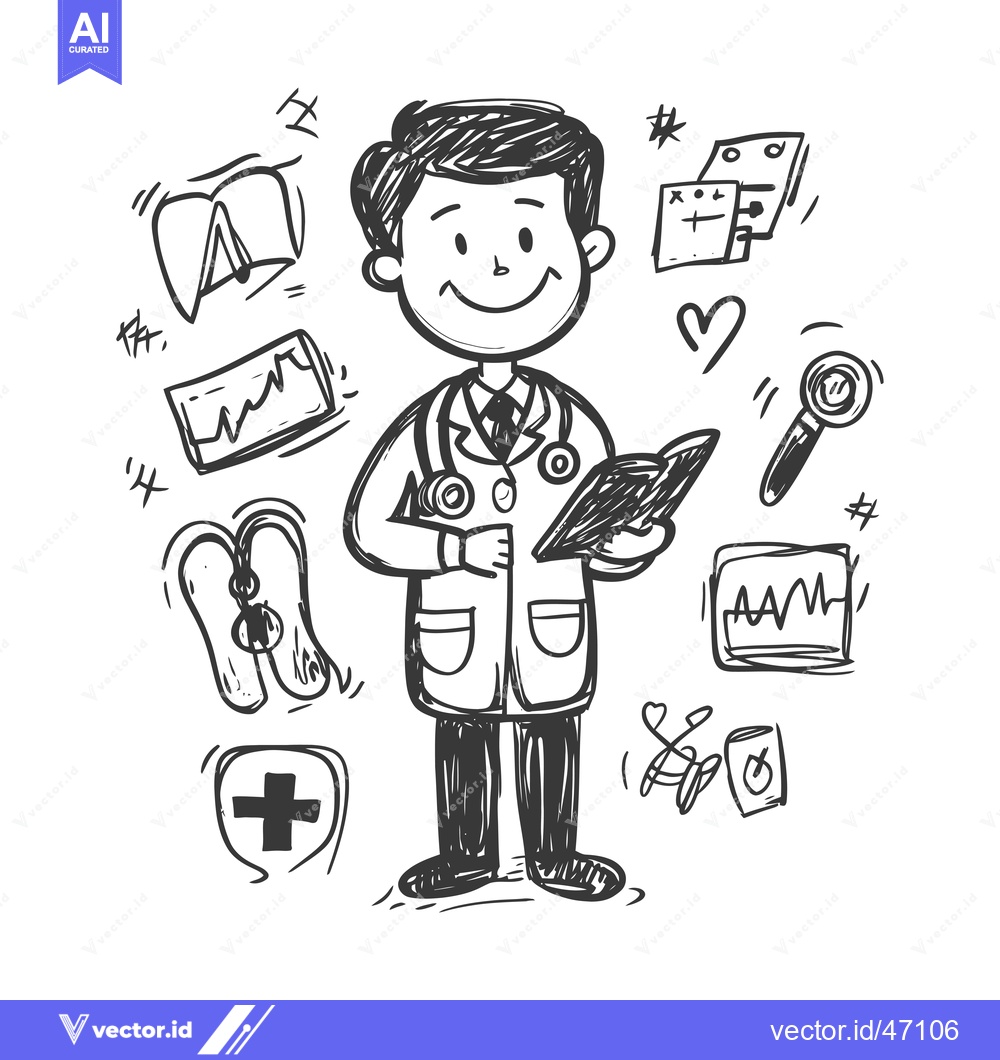 Premium Vector dari Hand-Drawn Sketch of a Smiling Doctor Holding a Clipboard Surrounded b
