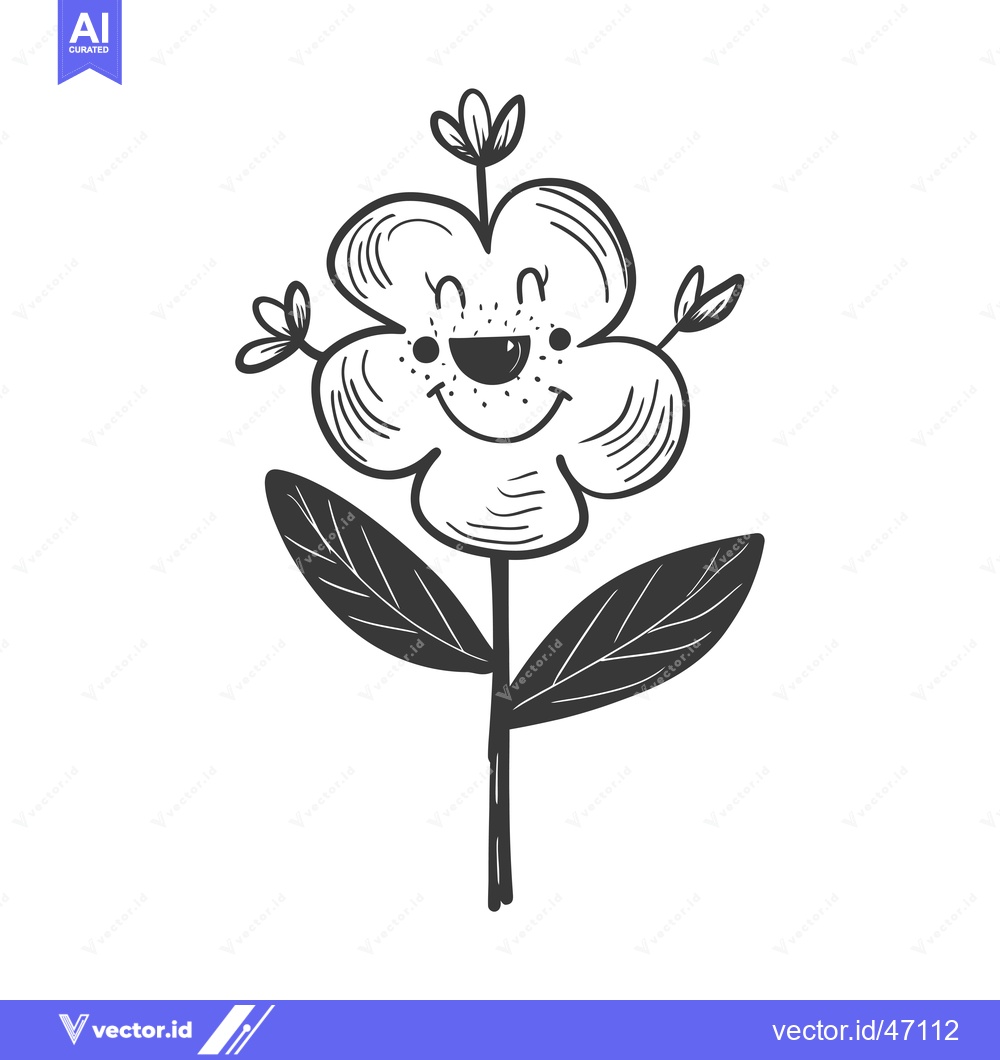 Premium Vector dari Hand-Drawn Sketch of a Smiling Flower with Two Leaves
