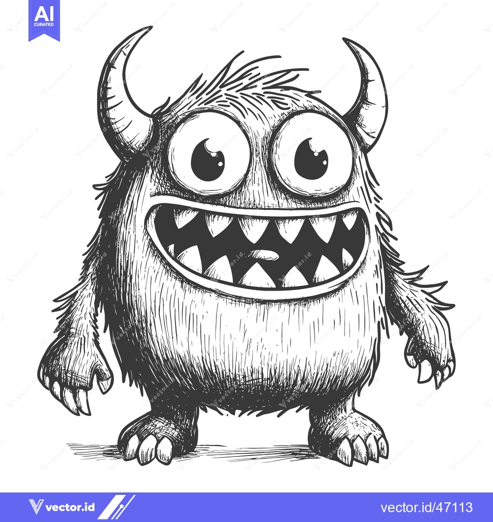Premium Vector dari Hand-drawn Sketch of a Smiling Furry Monster with Horns