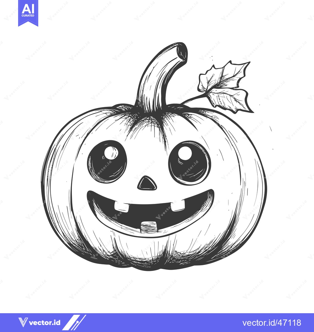 Premium Vector dari Hand-Drawn Sketch of a Smiling Halloween Pumpkin with a Leaf