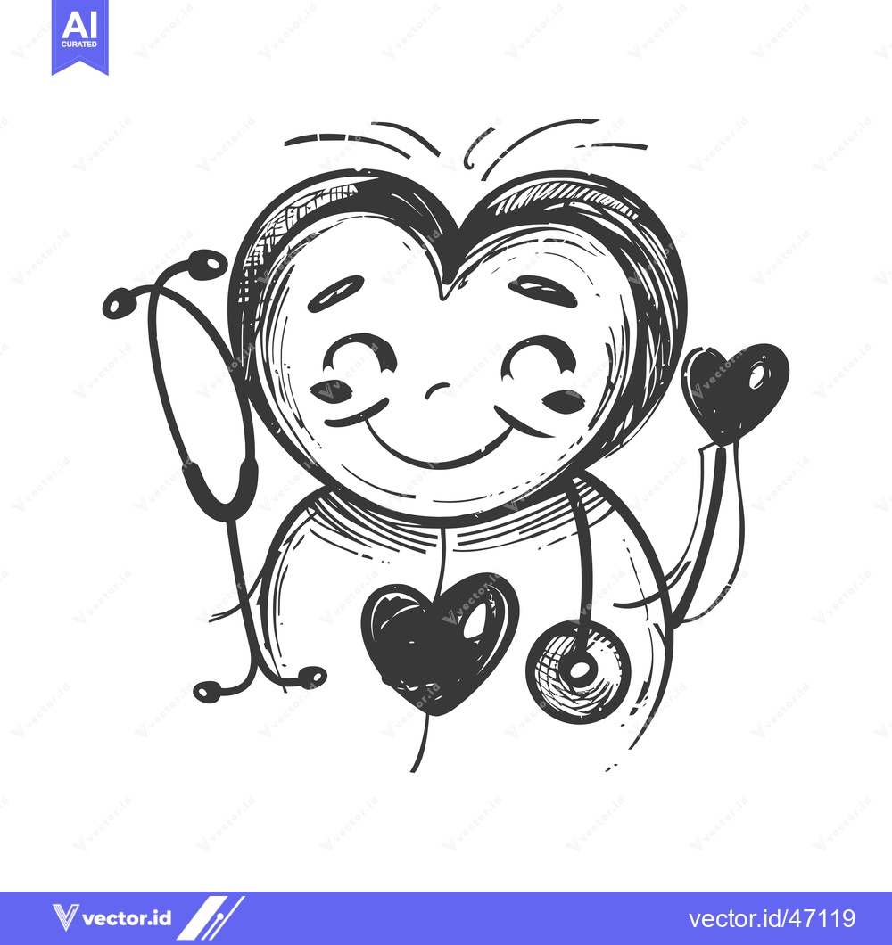 Premium Vector of Hand-Drawn Sketch of a Smiling Heart Holding a Stethoscope