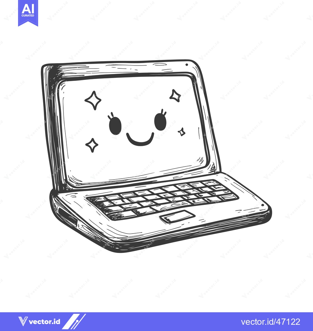 Premium Vector dari Hand-drawn sketch of a smiling laptop computer with twinkling stars