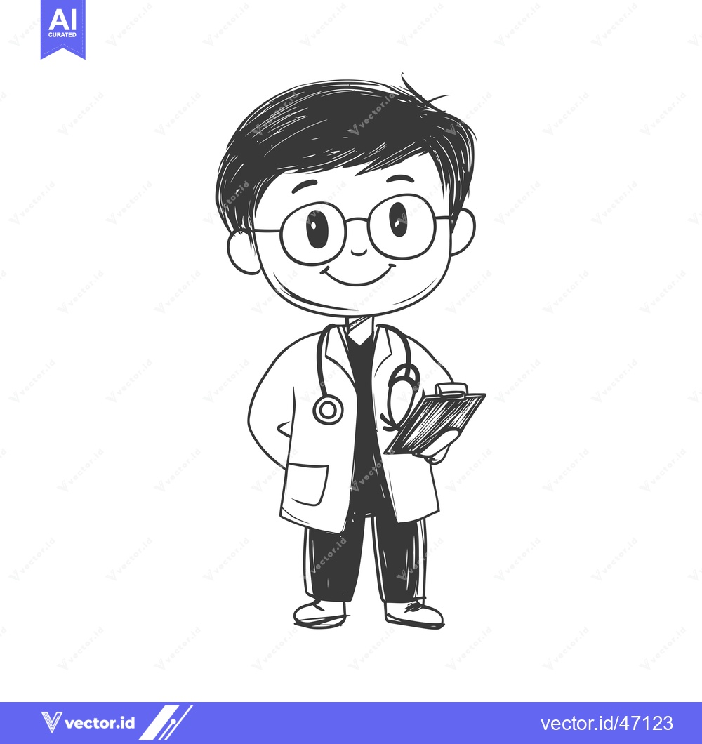 Premium Vector of Hand-Drawn Sketch of a Smiling Male Doctor with Stethoscope and Clipbo