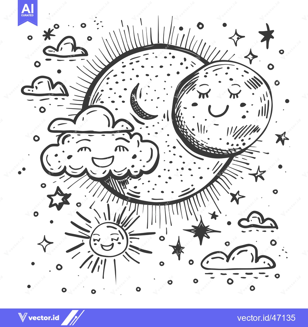 Premium Vector of Hand-drawn Sketch of a Smiling Sun, Moon, and Cloud with Stars