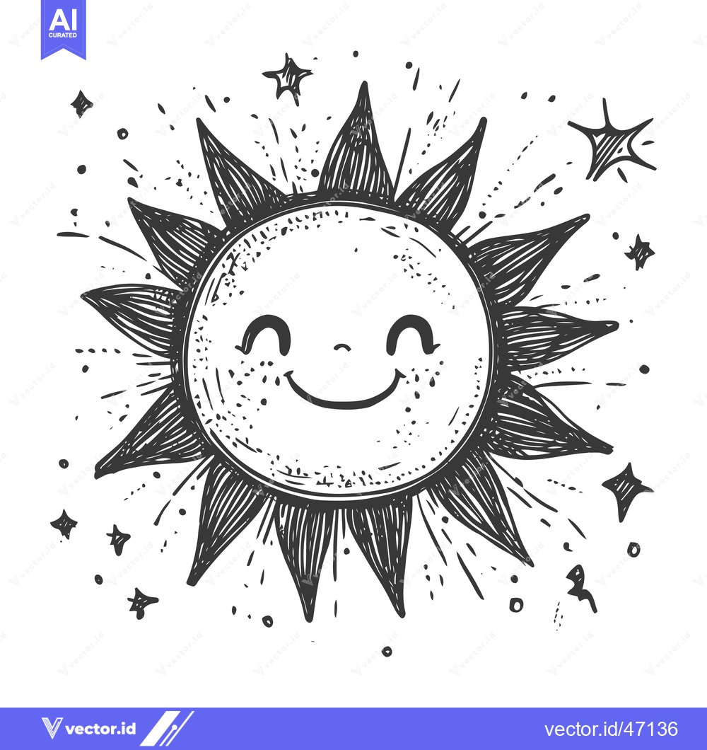 Premium Vector dari Hand-drawn sketch of a smiling sun with radiating rays and stars.