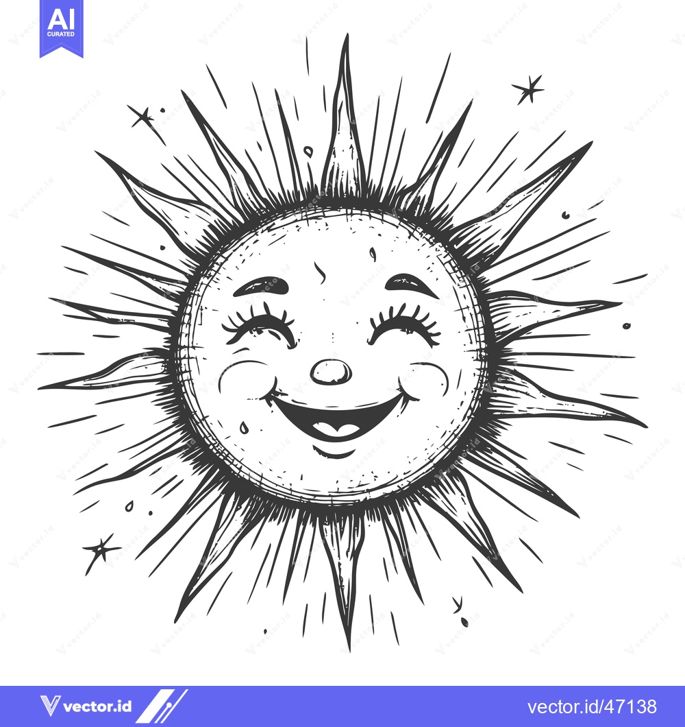 Premium Vector of Hand-Drawn Sketch of a Smiling Sun with Rays and Stars