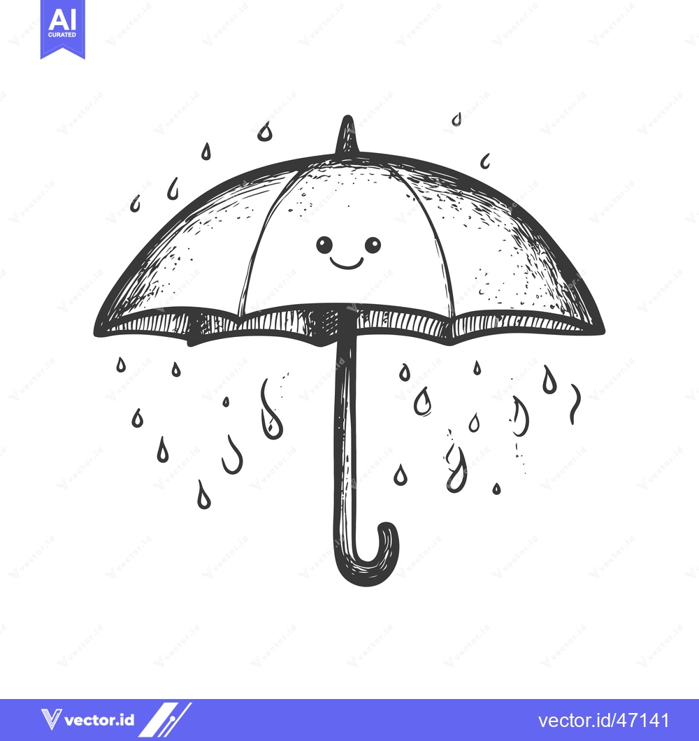 Premium Vector of Hand-Drawn Sketch of a Smiling Umbrella with Raindrops