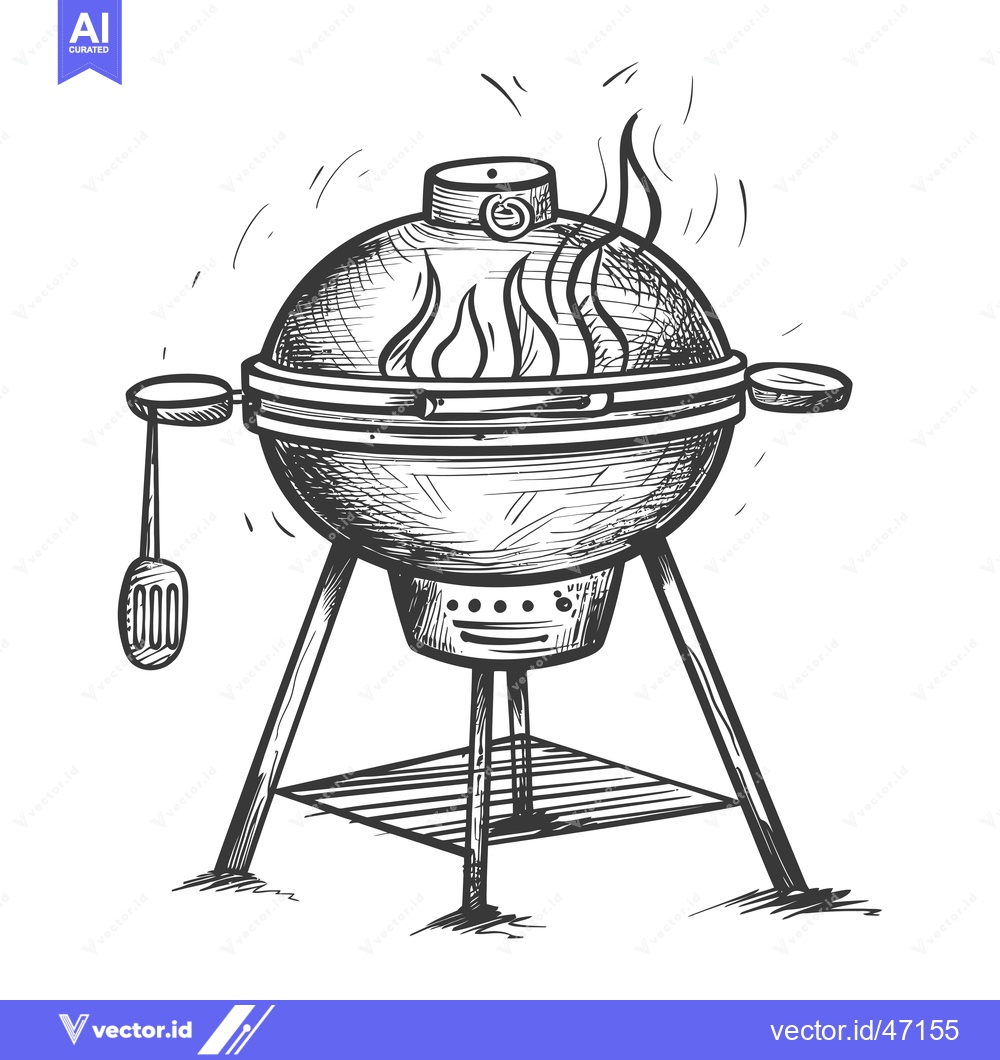 Premium Vector of Hand-drawn sketch of a spherical charcoal grill with a handle and flam