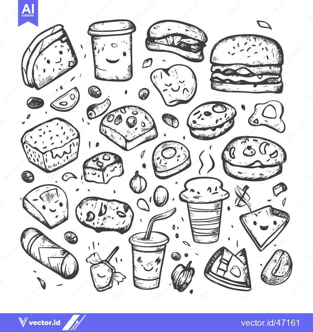 Premium Vector dari Hand-drawn Sketch of Assorted Fast Food Items with Smiling Faces