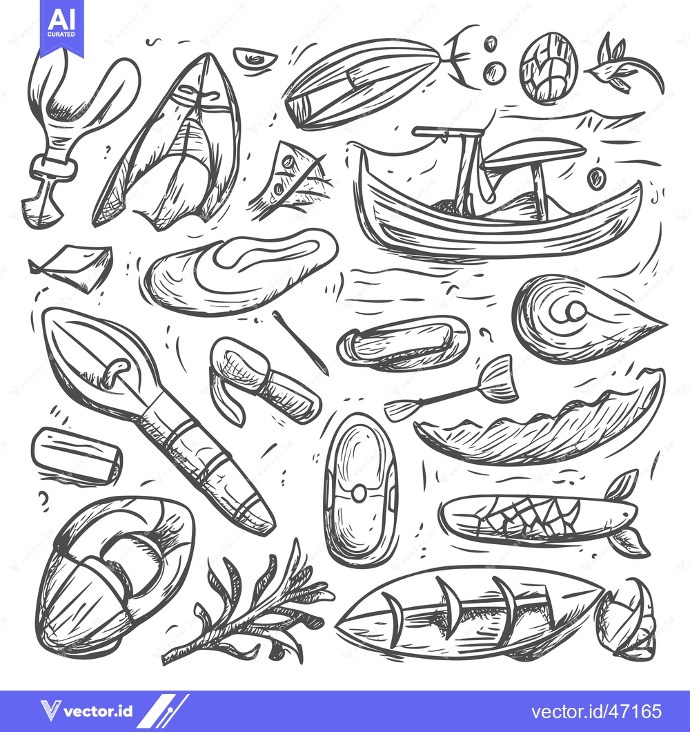 Premium Vector of Hand-Drawn Sketch of Assorted Water Sports Equipment and Marine Life