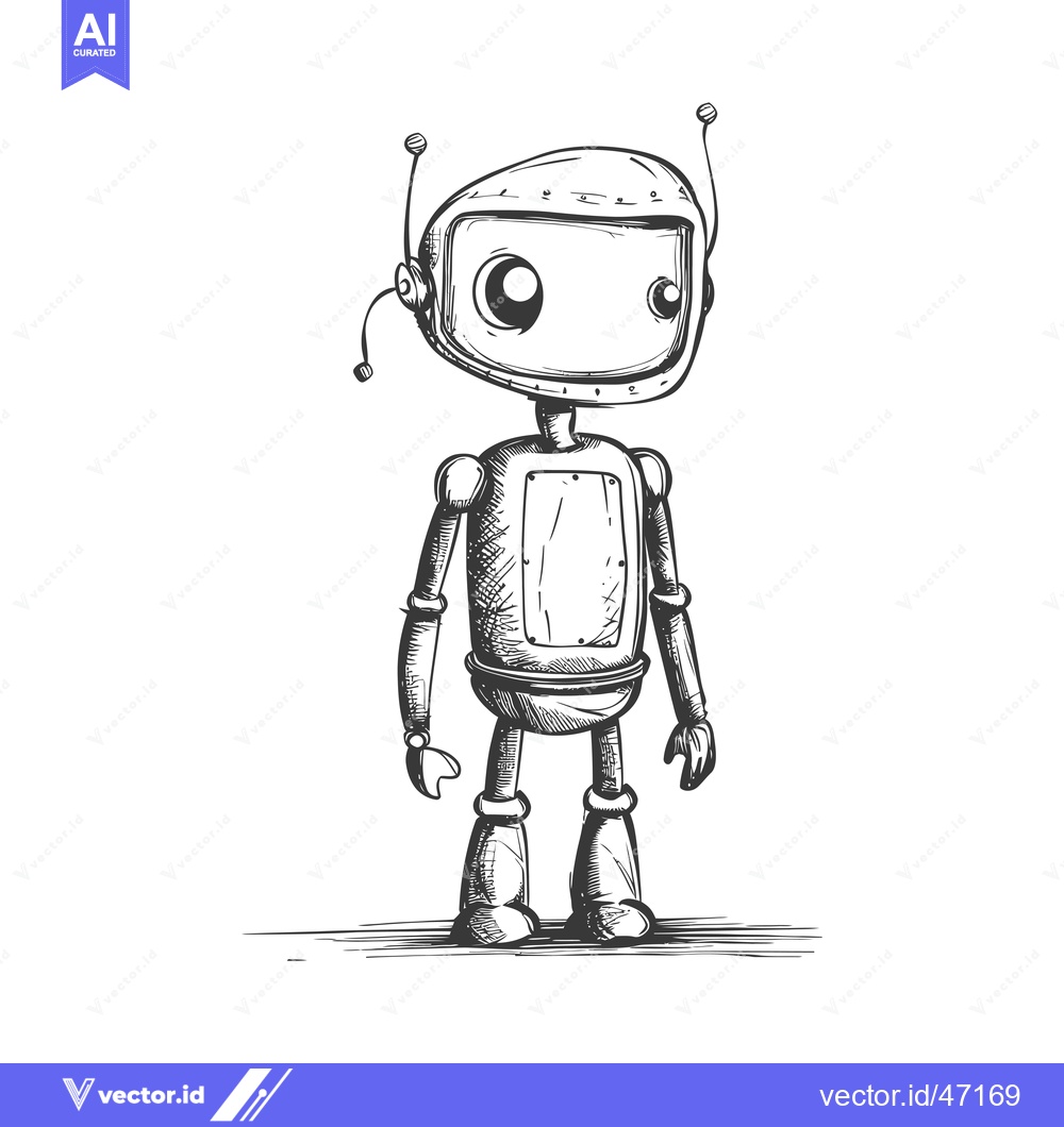 Premium Vector dari Hand-drawn sketch of a standing cartoon robot with large eyes