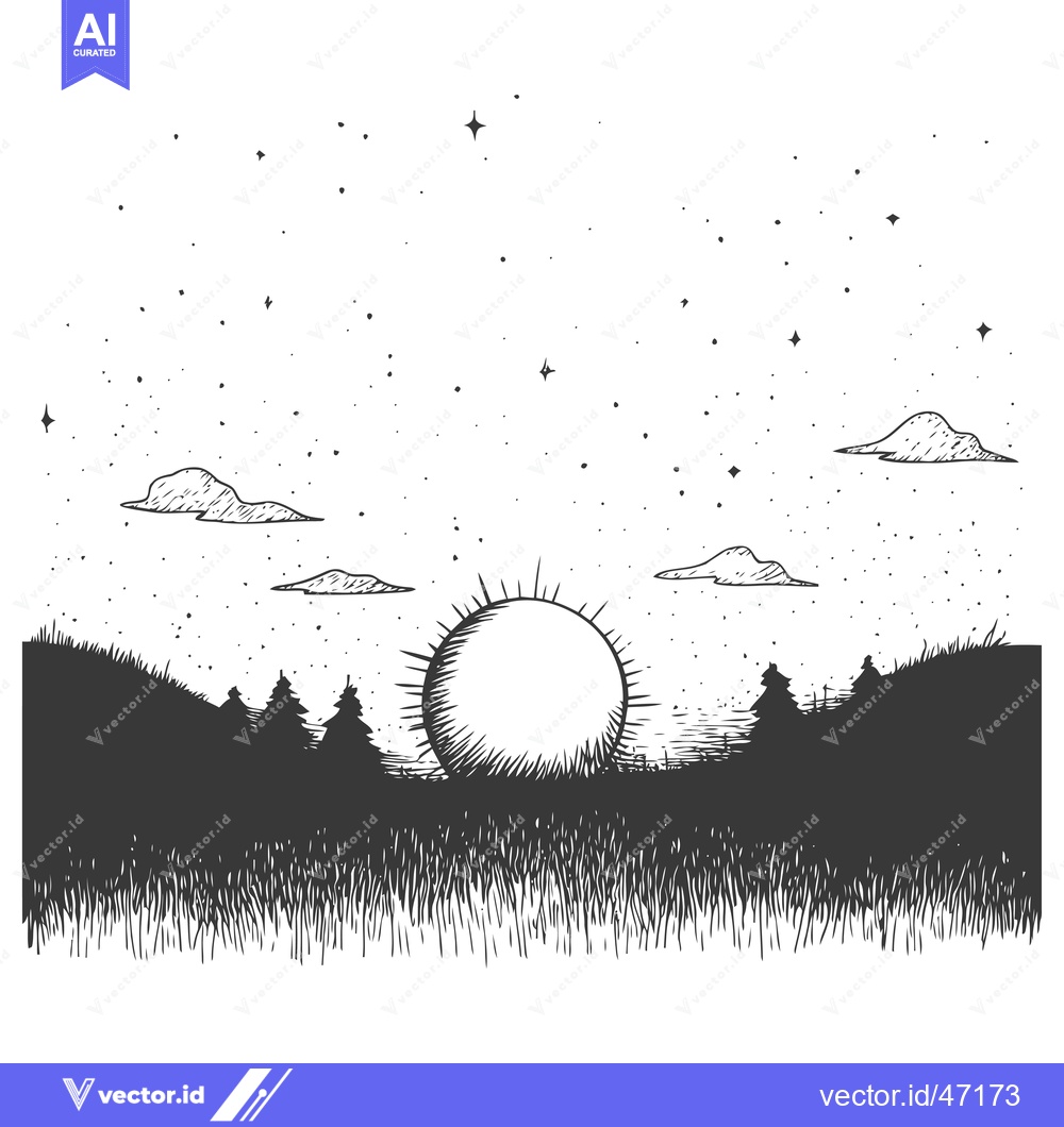 Premium Vector dari Hand-drawn sketch of a starry night sky with a large sun over a grassy