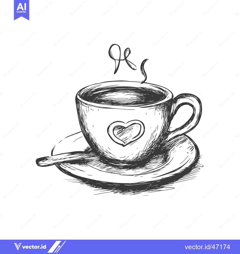 Premium Vector of Hand-Drawn Sketch of a Steaming Coffee Cup with a Heart Design