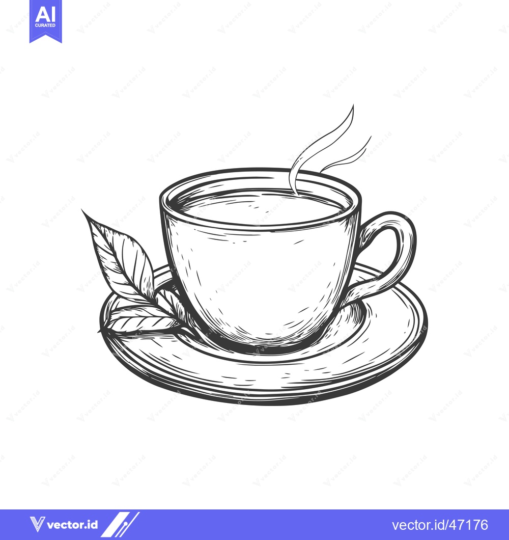 Premium Vector of Hand-Drawn Sketch of a Steaming Cup of Tea with a Leaf