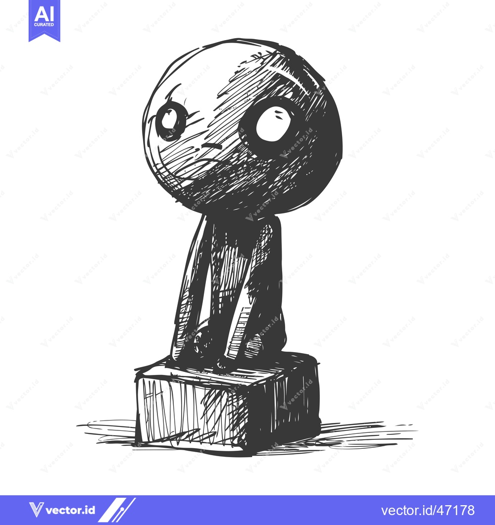 Premium Vector of Hand-drawn sketch of a stick figure with a large head sitting on a cub