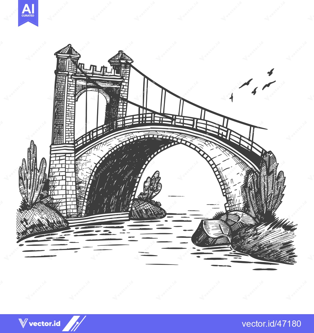 Premium Vector of Hand-Drawn Sketch of a Stone Arch Bridge with Towers and Birds Flying