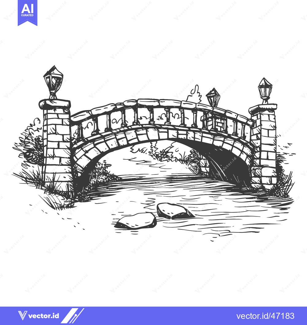 Premium Vector dari Hand-drawn Sketch of a Stone Bridge with Lanterns Over a River