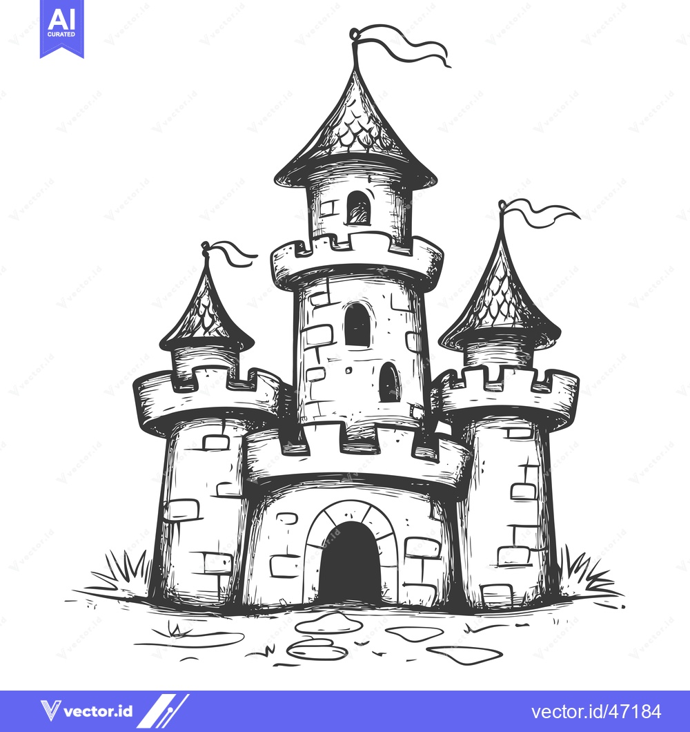 Premium Vector dari Hand-Drawn Sketch of a Stone Castle with Flags
