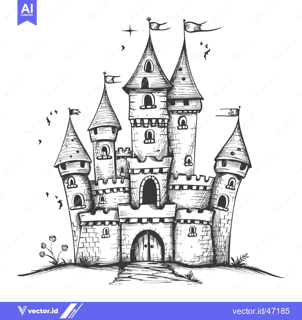 Premium Vector dari Hand-Drawn Sketch of a Stone Castle with Towers and Flags