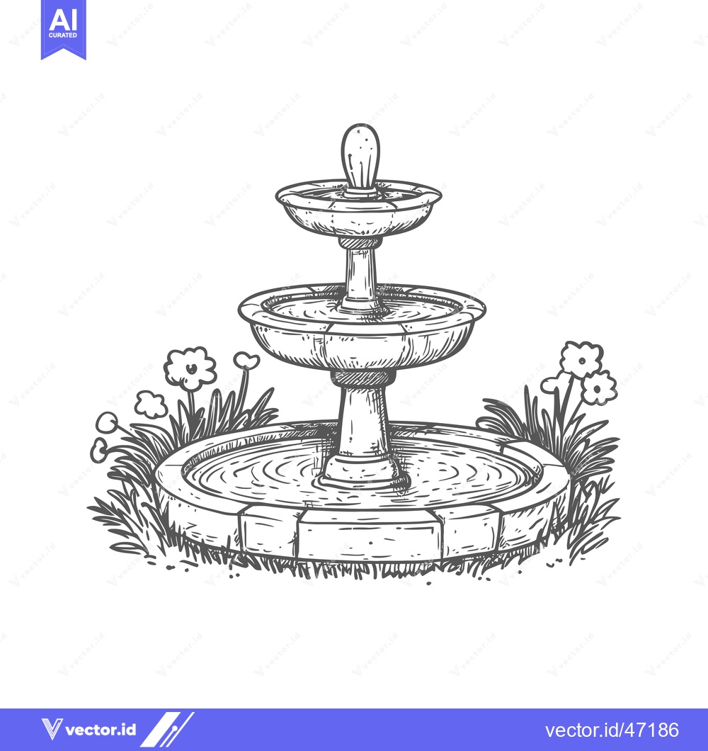 Premium Vector of Hand-Drawn Sketch of a Stone Fountain with Surrounding Grass and Flowe