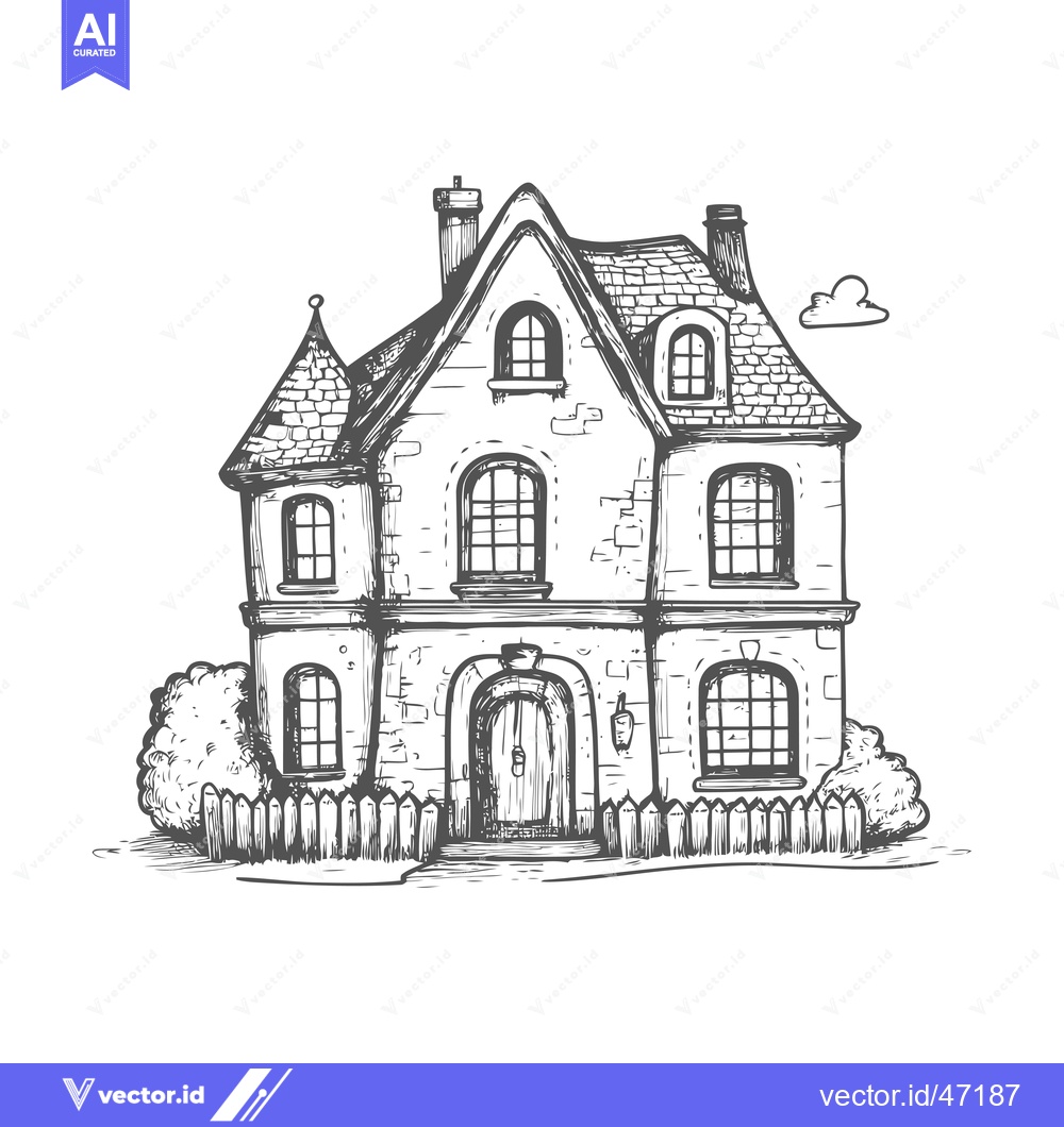 Premium Vector of Hand-Drawn Sketch of a Stone House with a Fence and Bushes