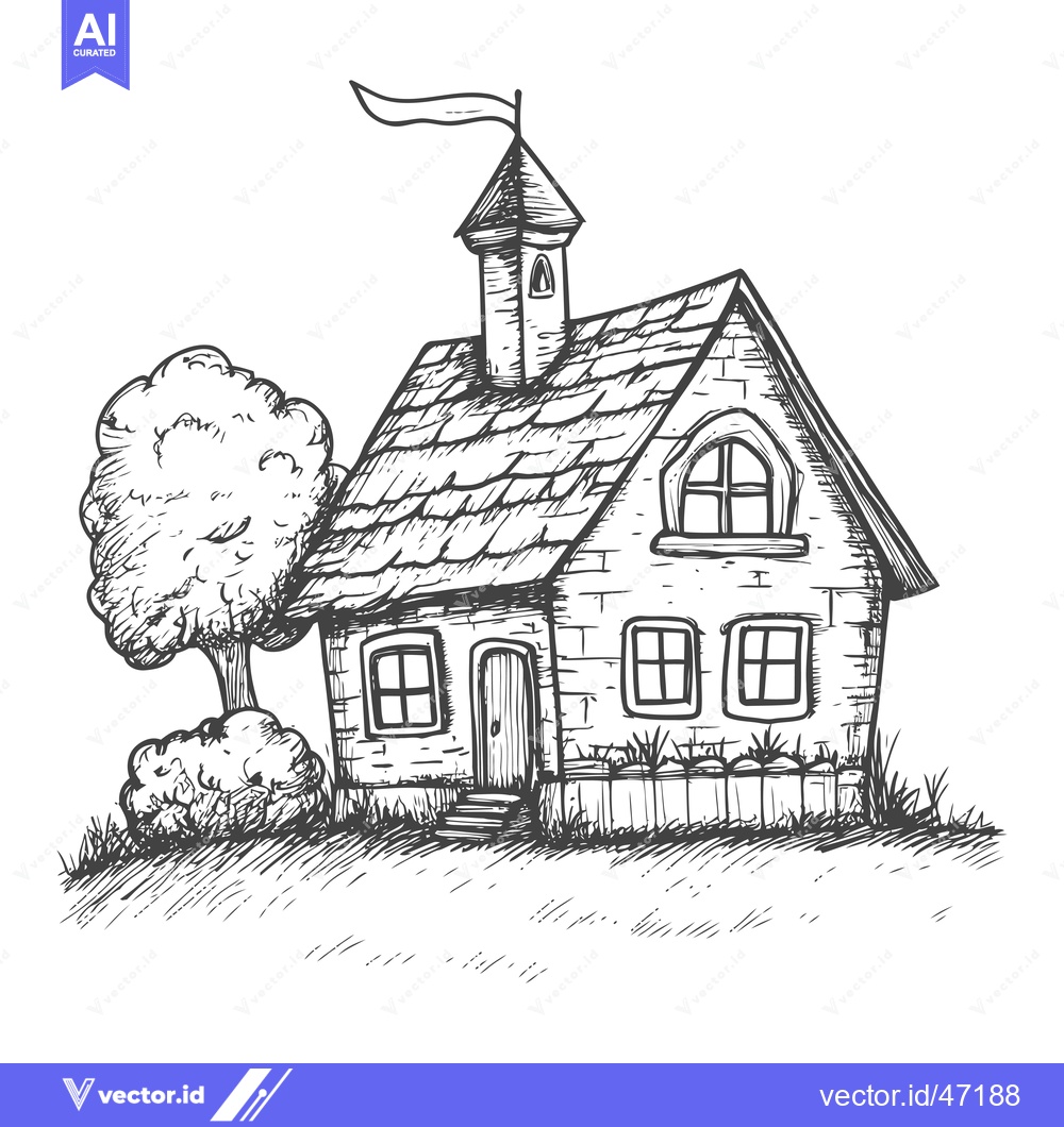 Premium Vector of Hand-drawn sketch of a stone house with a flag and a tree