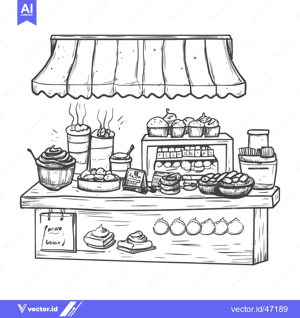 Premium Vector dari Hand-drawn sketch of a street food stall with pastries and drinks