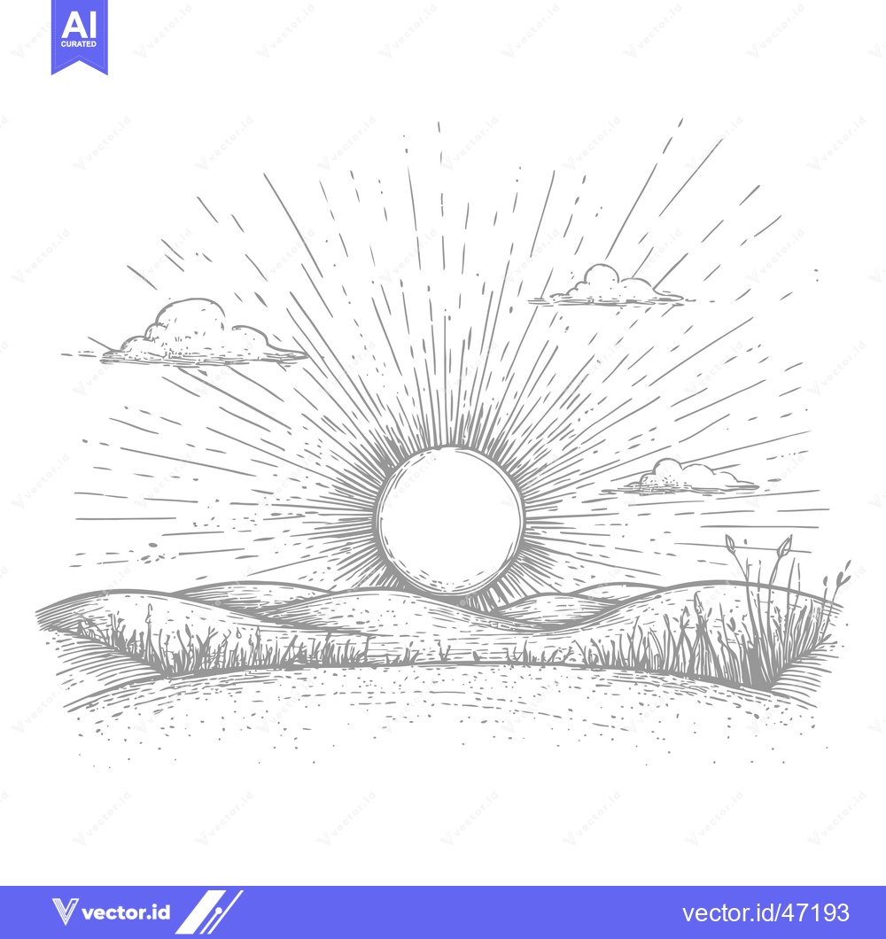 Premium Vector dari Hand-Drawn Sketch of a Sunrise Over Rolling Hills with Clouds and Gras