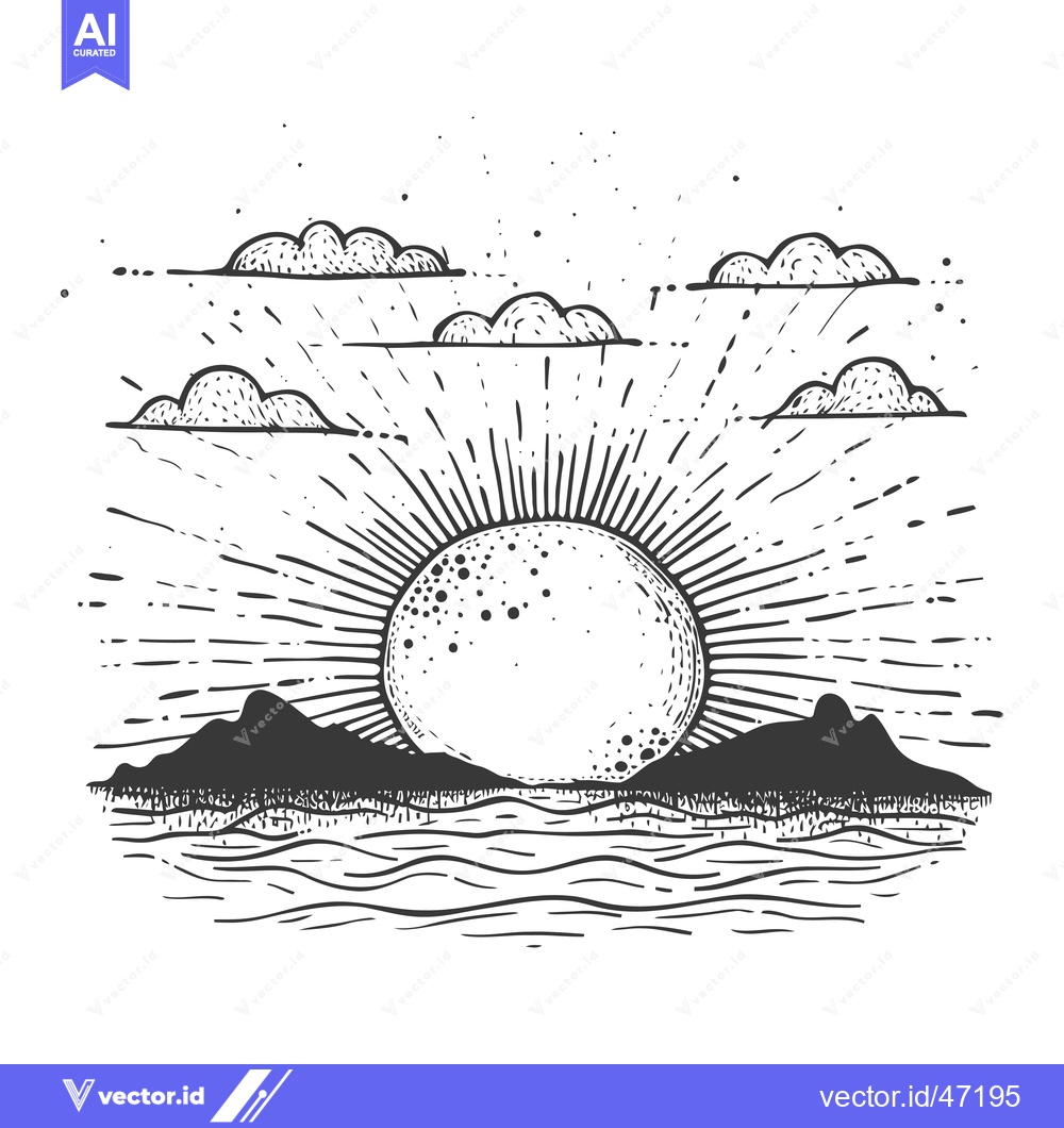 Premium Vector dari Hand-drawn Sketch of a Sunset Over a Water Body with Mountains and Clo