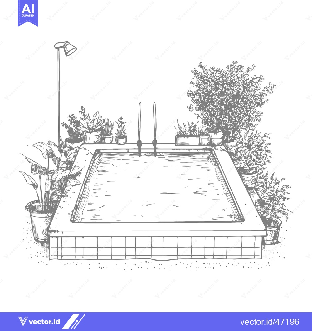 Premium Vector dari Hand-drawn Sketch of a Swimming Pool Surrounded by Plants