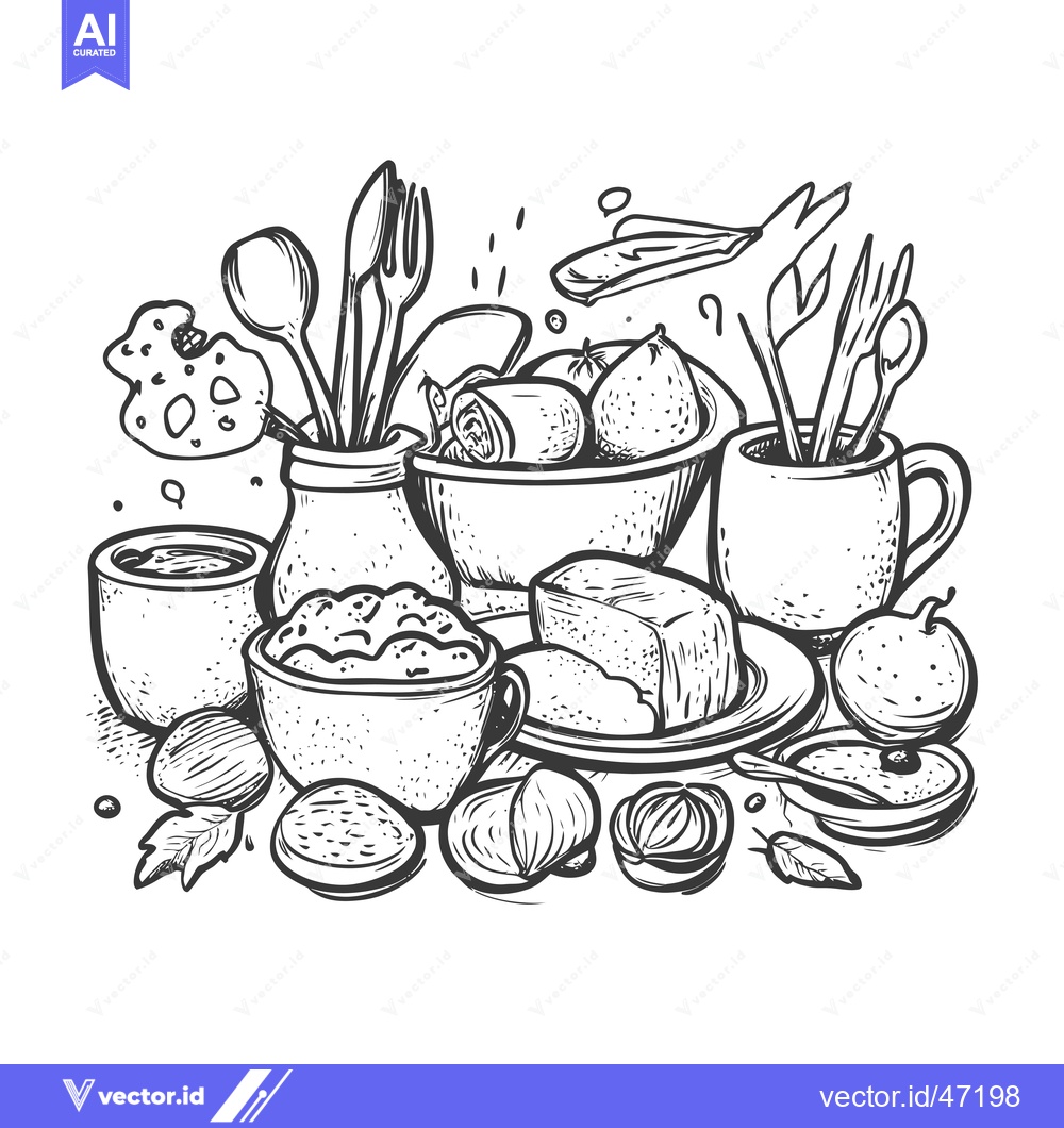 Premium Vector dari Hand-Drawn Sketch of a Table Setting with Food and Utensils