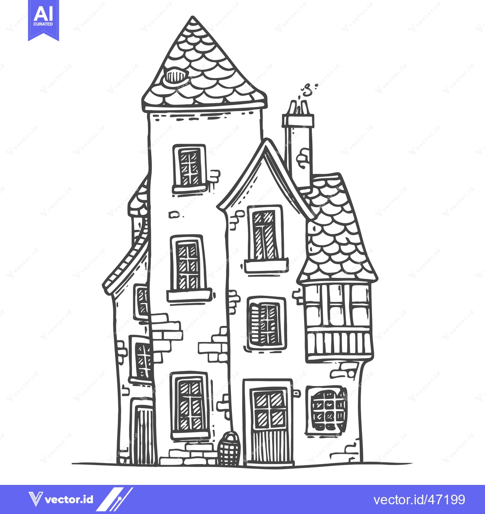 Premium Vector dari Hand-Drawn Sketch of a Tall Brick House with a Steep Roof