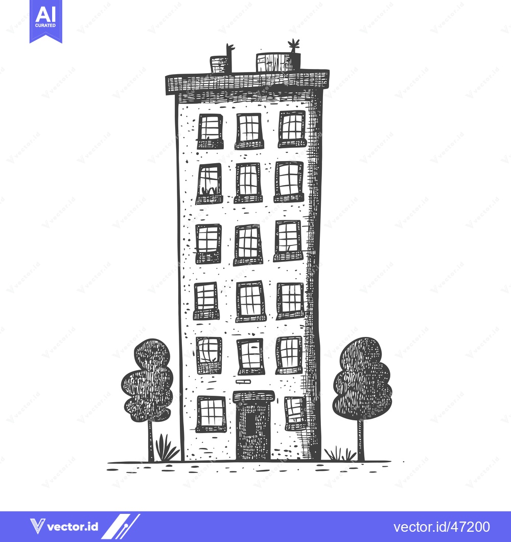 Premium Vector dari Hand-drawn sketch of a tall building with windows and trees on either