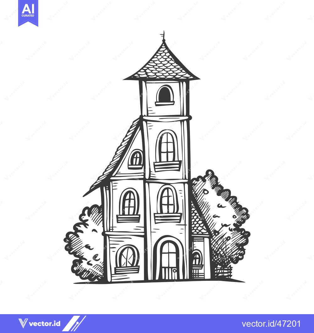 Premium Vector dari Hand-drawn sketch of a tall, narrow building with a pointed roof, wind