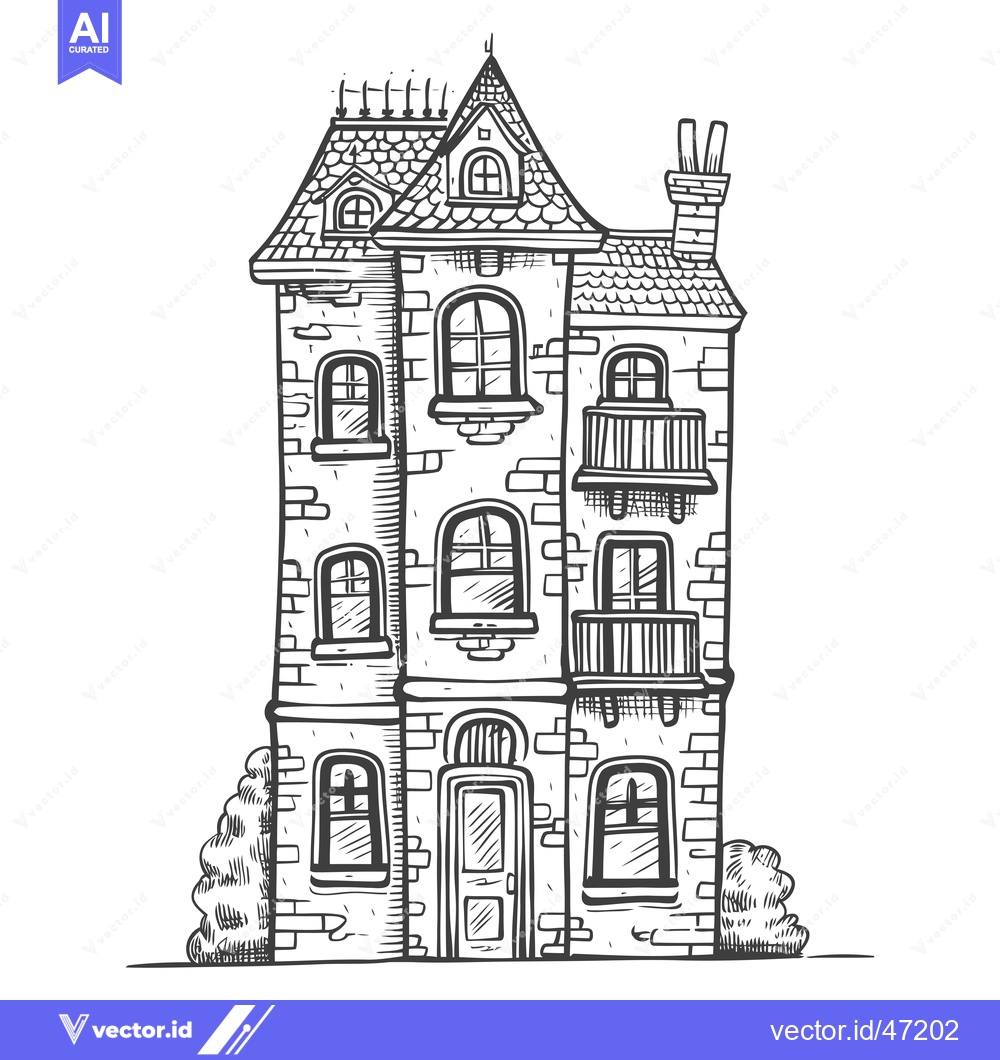 Premium Vector dari Hand-Drawn Sketch of a Three-Story Brick Building with Balconies and W
