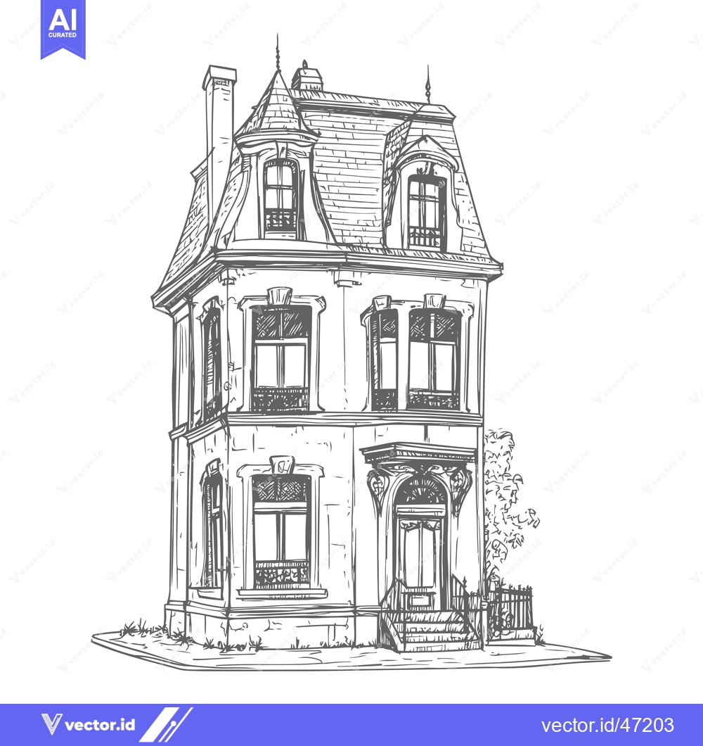 Premium Vector dari Hand-Drawn Sketch of a Three-Story Building with a Dormer Window and a