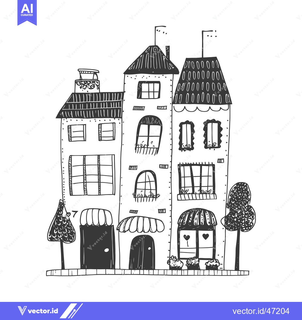 Premium Vector of Hand-Drawn Sketch of a Three-Story Building with Awnings and Trees