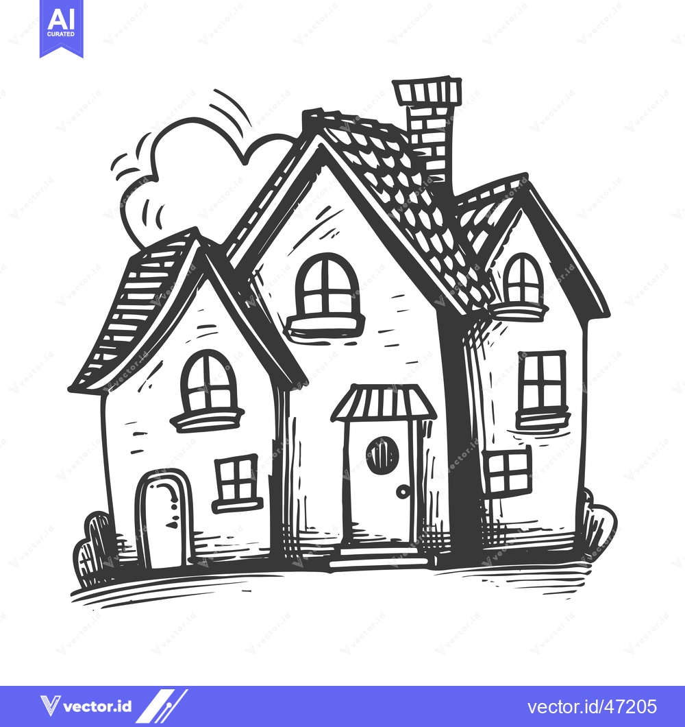Premium Vector of Hand-drawn sketch of a three-story house with a chimney and cloud