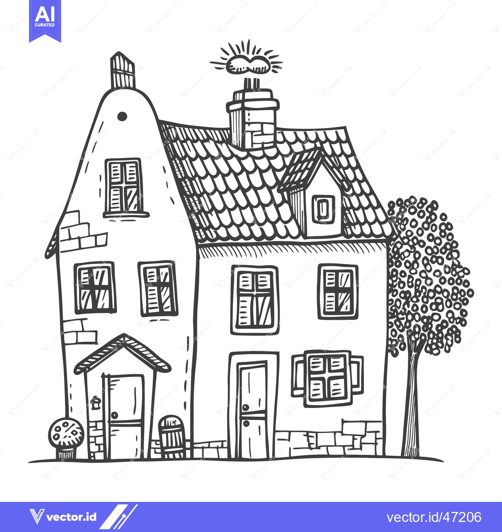Premium Vector dari Hand-drawn Sketch of a Three-Story House with a Tree