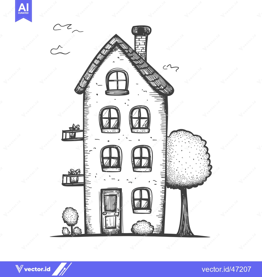 Premium Vector dari Hand-Drawn Sketch of a Three-Story House with a Tree and Plants