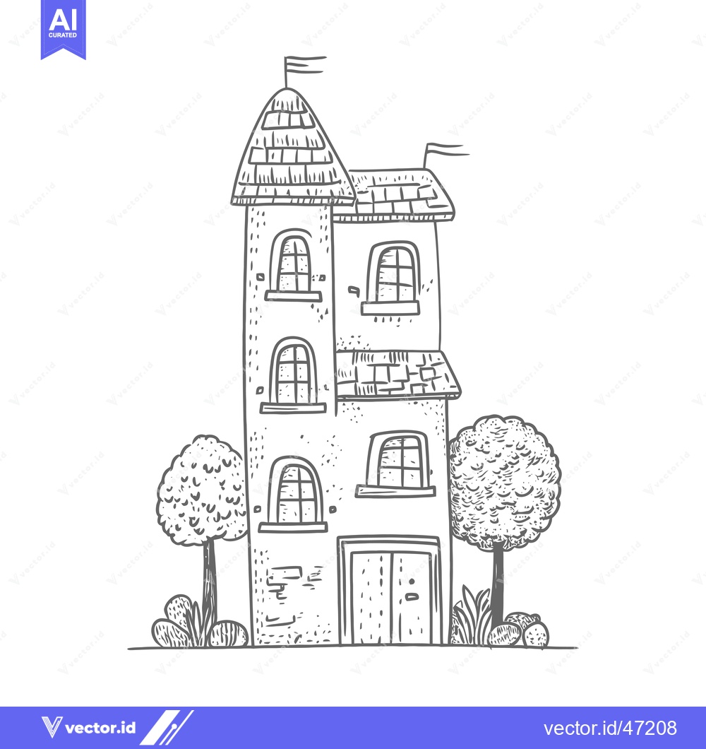 Premium Vector dari Hand-Drawn Sketch of a Three-Story House with Trees and Flags