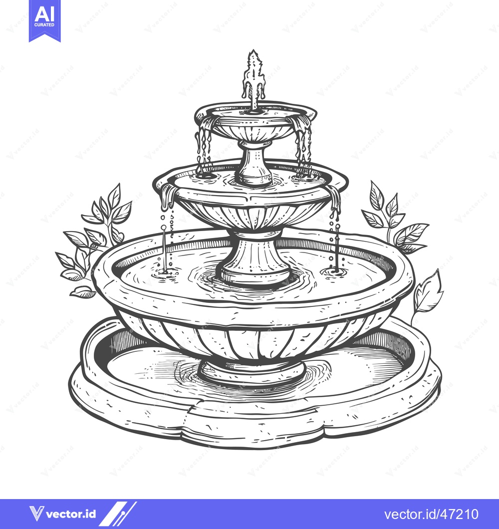 Premium Vector of Hand-drawn sketch of a three-tiered fountain with water and foliage